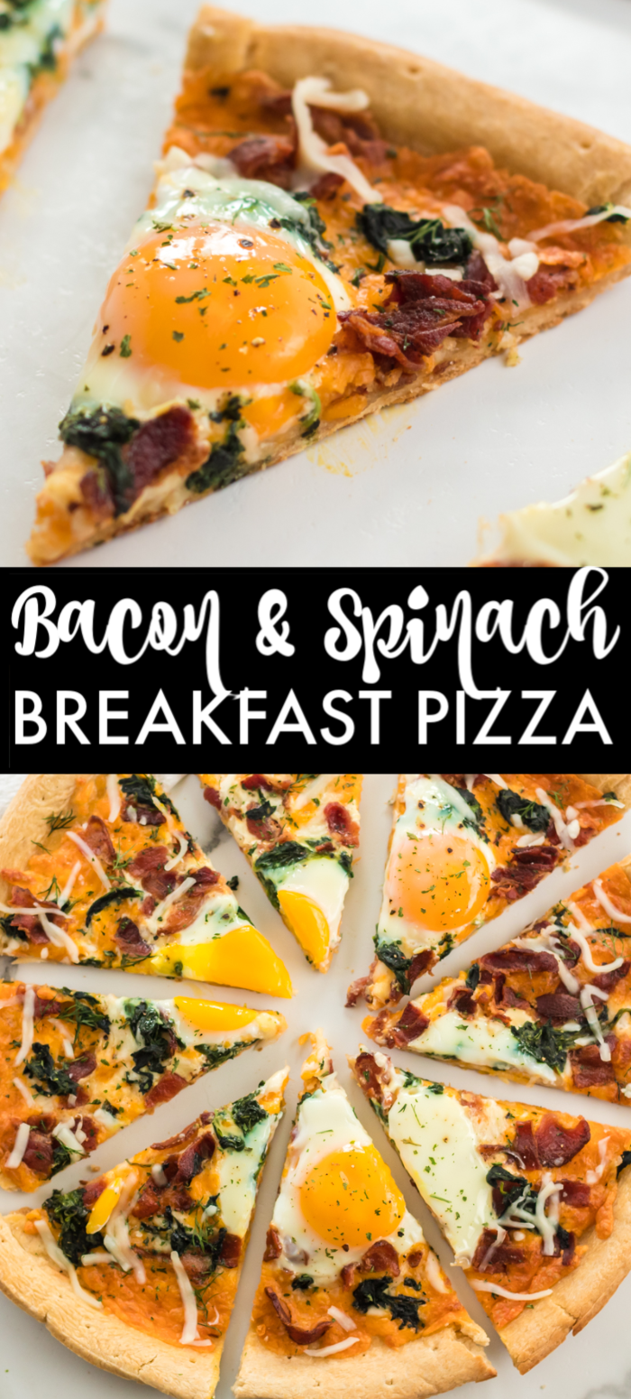 Bacon & spinach breakfast pizza is a filling and unique way to start your day. Pizza for breakfast is always a good idea! | www.persnicketyplates.com #pizza #breakfast #breakfastpizza #eggs #easyrecipe