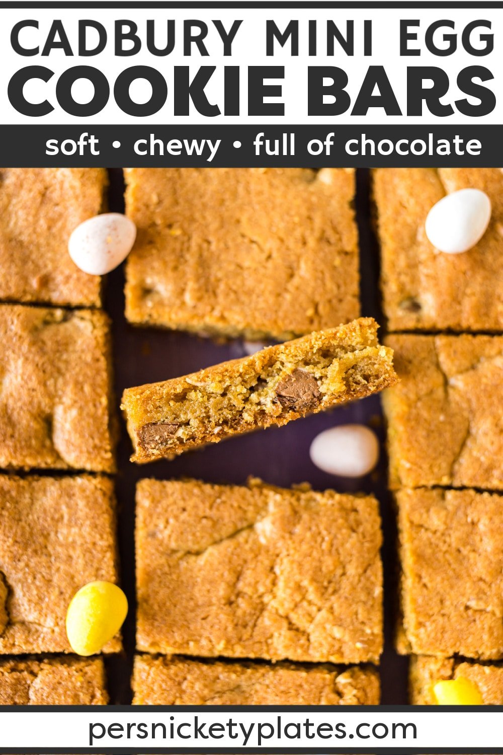 Mini Cadbury Egg Cookie Bars will be your new favorite Easter dessert! These quick bar cookies are perfect for large crowds or any family gathering. Pick up a bag of Cadbury mini eggs and whip up these easy treats. | www.persnicketyplates.com