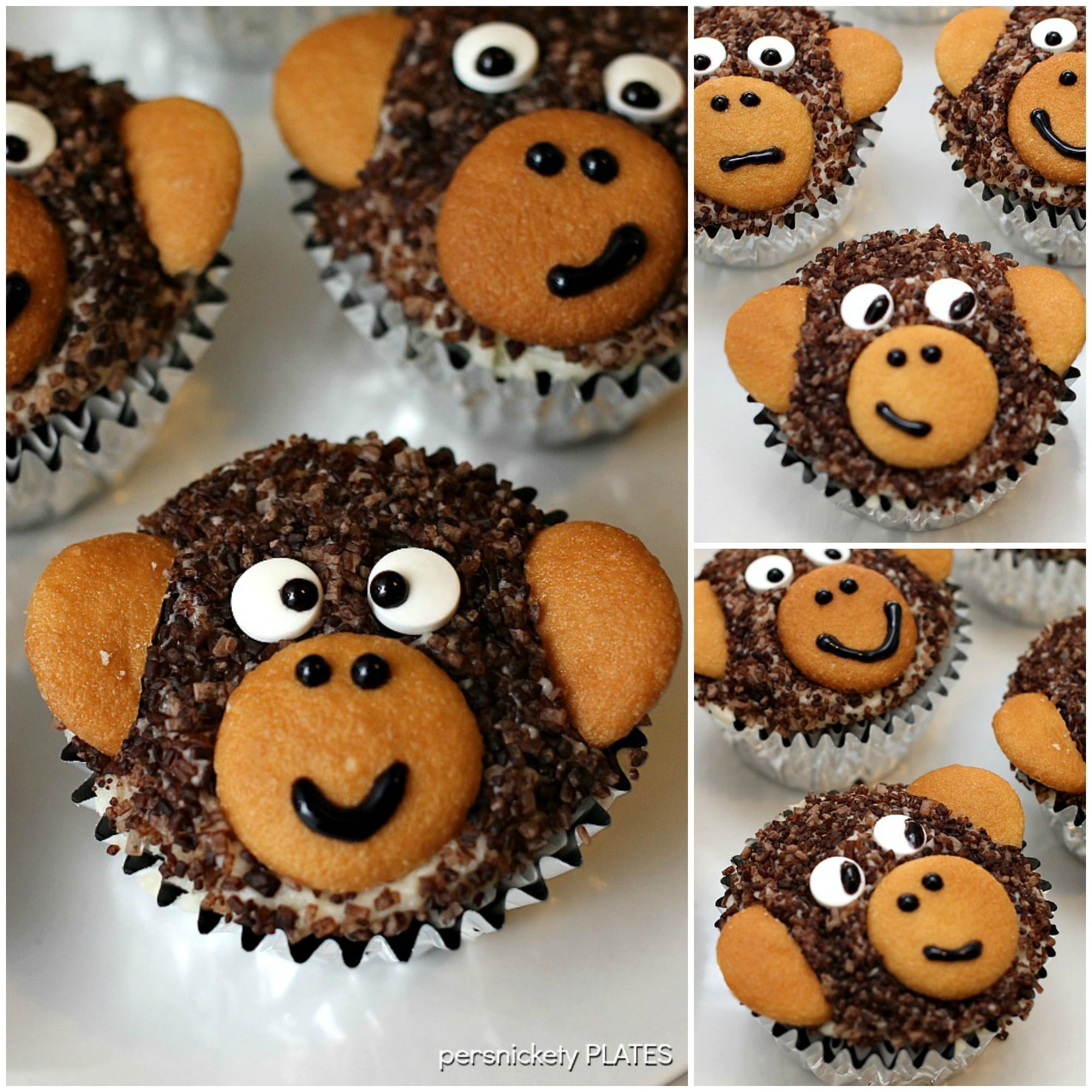 Adorable Monkey Cupcakes! Homemade chocolate cupcakes with chocolate sugar "fur" and vanilla wafer ears! Perfect for a monkey themed birthday party! | www.persnicketyplates.com