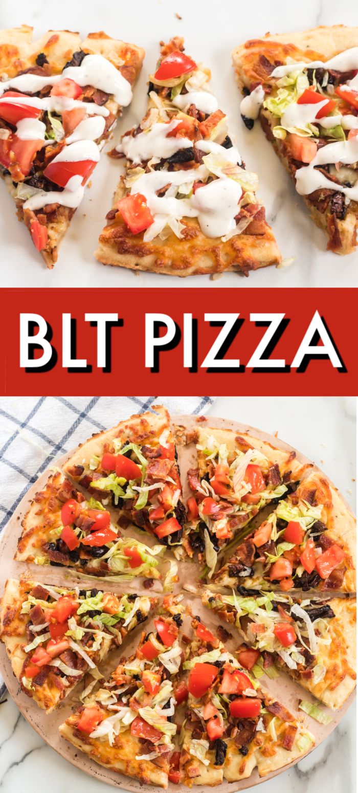 This BLT Pizza is semi-homemade and topped with cheese, bacon, lettuce, and tomatoes then drizzled with ranch dressing - a super easy meal for pizza night at home! | www.persnicketyplates.com #pizza #homemade #blt #homemadepizza