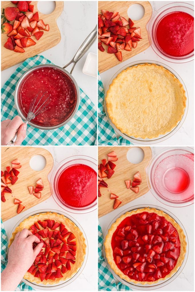 collage of 4 photos showing the assembly of a fresh strawberry pie.