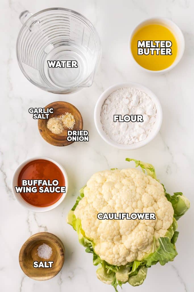 overhead shot of labeled ingredients laid out to make buffalo cauliflower.