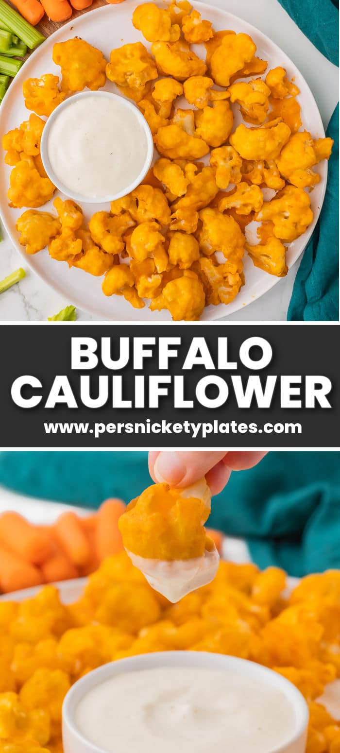 Baked Buffalo Cauliflower Bites - A spicy, healthy, vegetarian, delicious alternative to chicken wings, these cauliflower buffalo wings have been pinned over 600K times because they're that good! | www.persnicketyplates.com