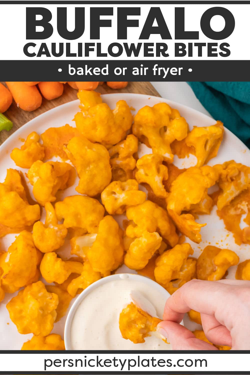 Baked Buffalo Cauliflower Bites - A spicy, healthy, vegetarian, delicious alternative to chicken wings, these cauliflower buffalo wings have been pinned over 600K times because they're that good! | www.persnicketyplates.com