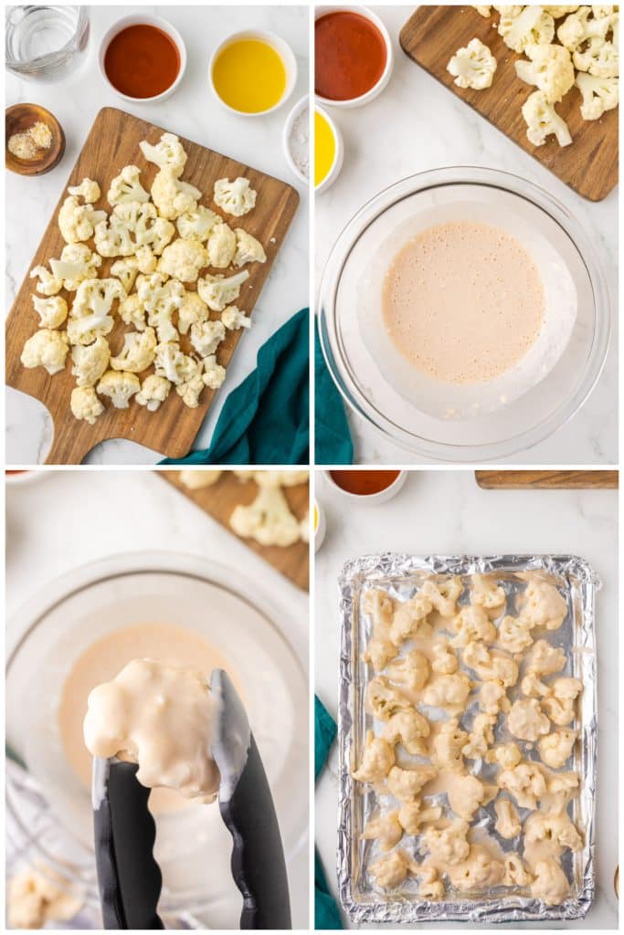collage of 4 photos showing the process of making batter for buffalo cauliflower.