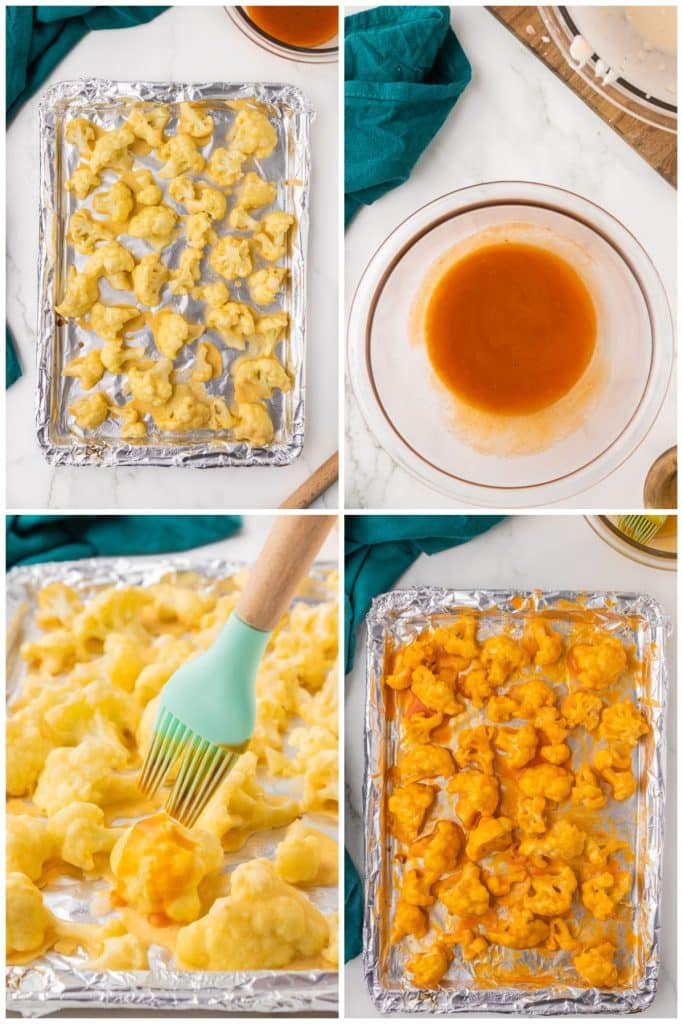 collage of 4 photos showing buffalo sauce being brushed onto baked cauliflower.