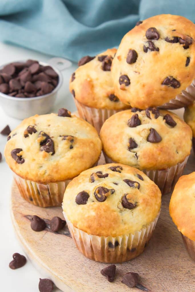 a pile of chocolate chip muffins.