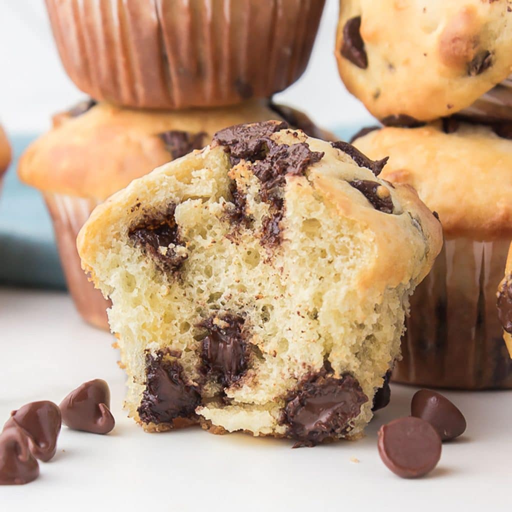chocolate chip muffin sliced in half.