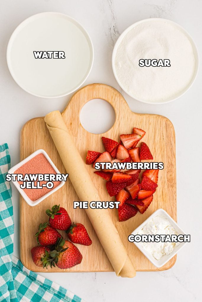 overhead shot of labeled ingredients for a big boy copycat strawberry pie.