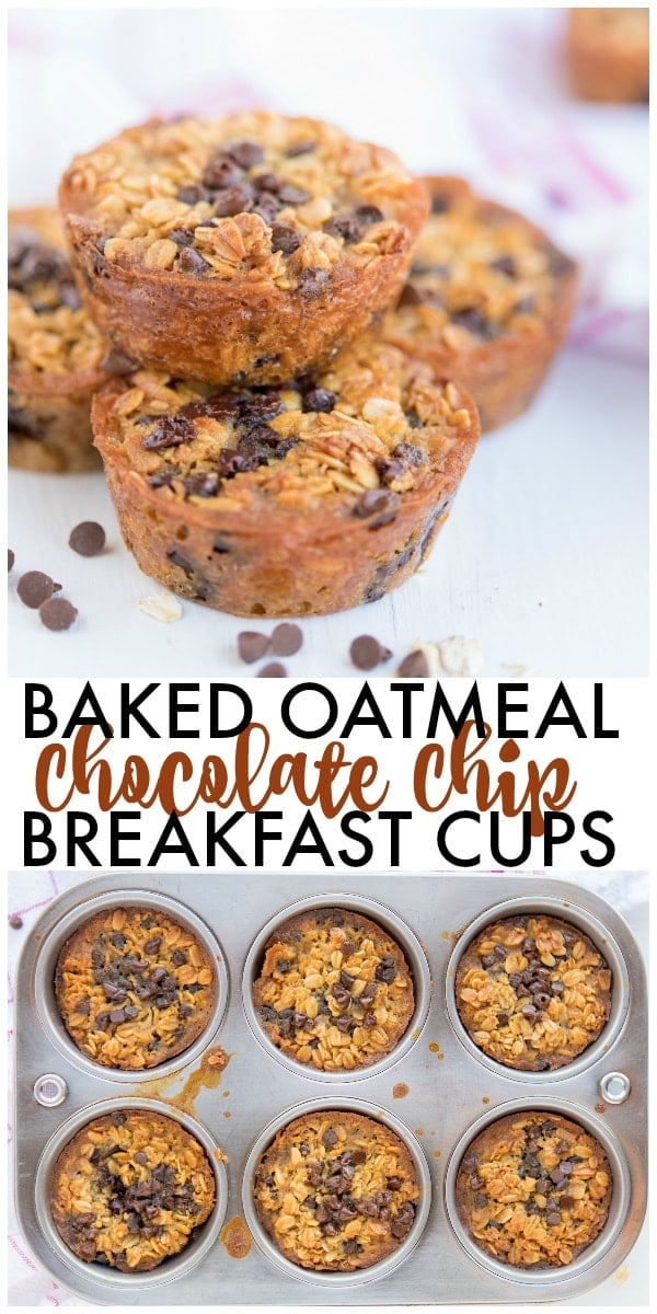Baked Oatmeal Chocolate Chip Breakfast Cups are the perfect option for on-the-go breakfast! Swap out the chocolate chips for fruit, nuts, or spices for variety. | www.persnicketyplates.com
