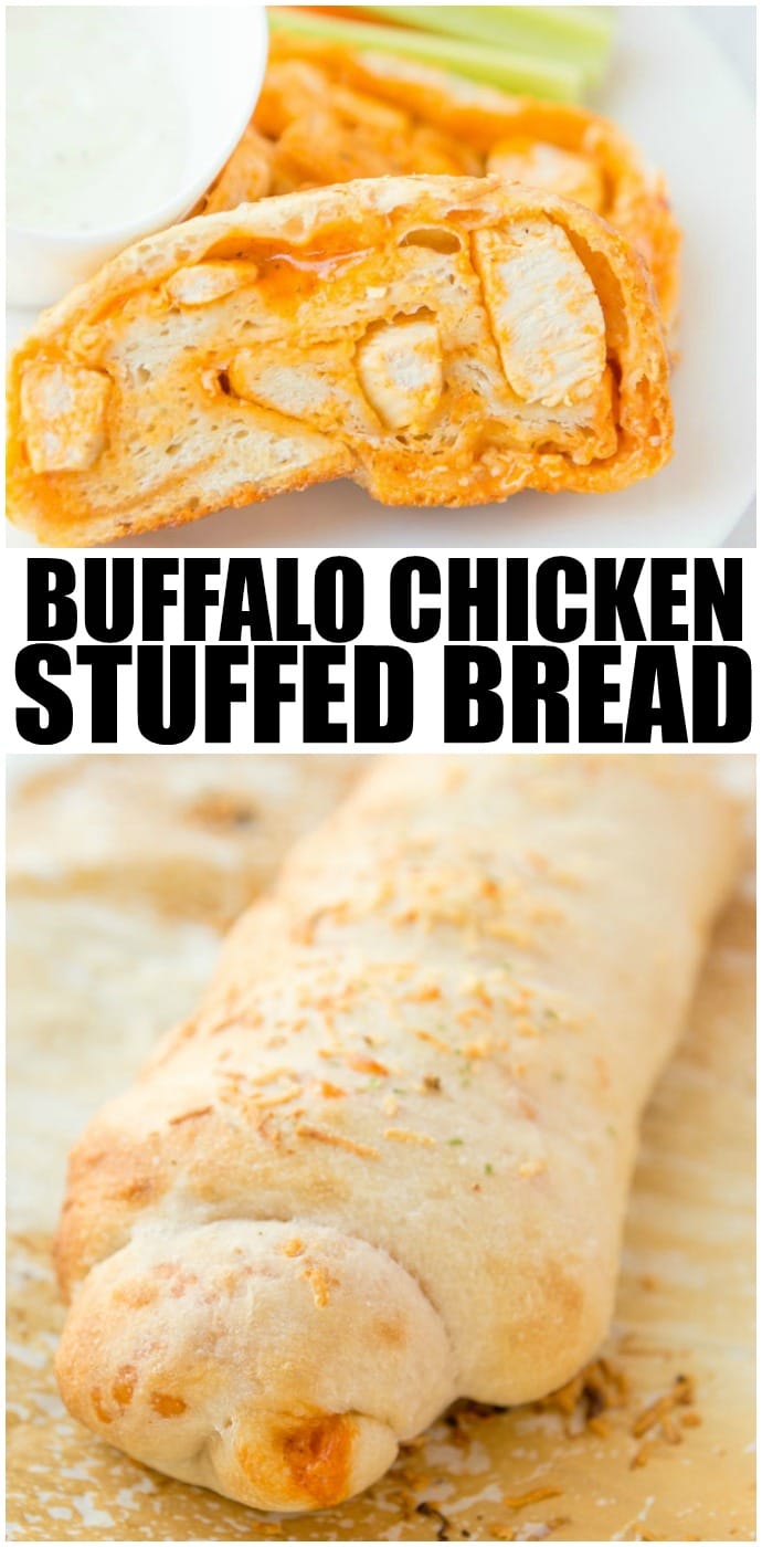 Buffalo Chicken Bread is easy to make at home & better than take-out! Stuffed bread recipes make the perfect weeknight dinner, and they're great for serving at parties or as game day snack food. This easy stuffed bread recipe makes pizza dough stuffed with spicy Buffalo chicken and cheese. SO delicious! | www.persnicketyplates.com