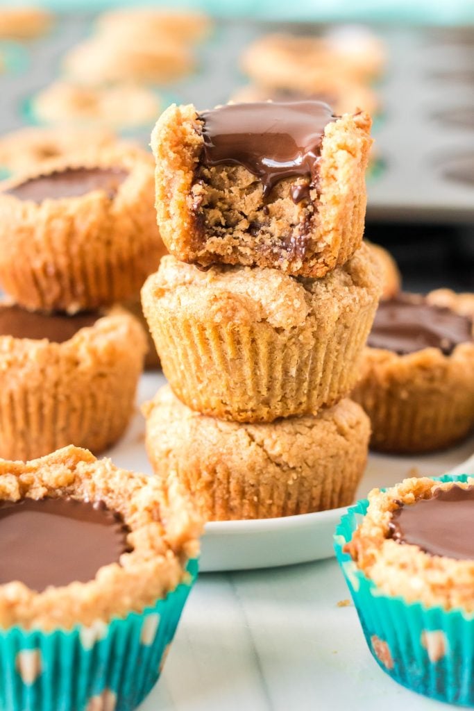 stack of peanut butter cookie cups.