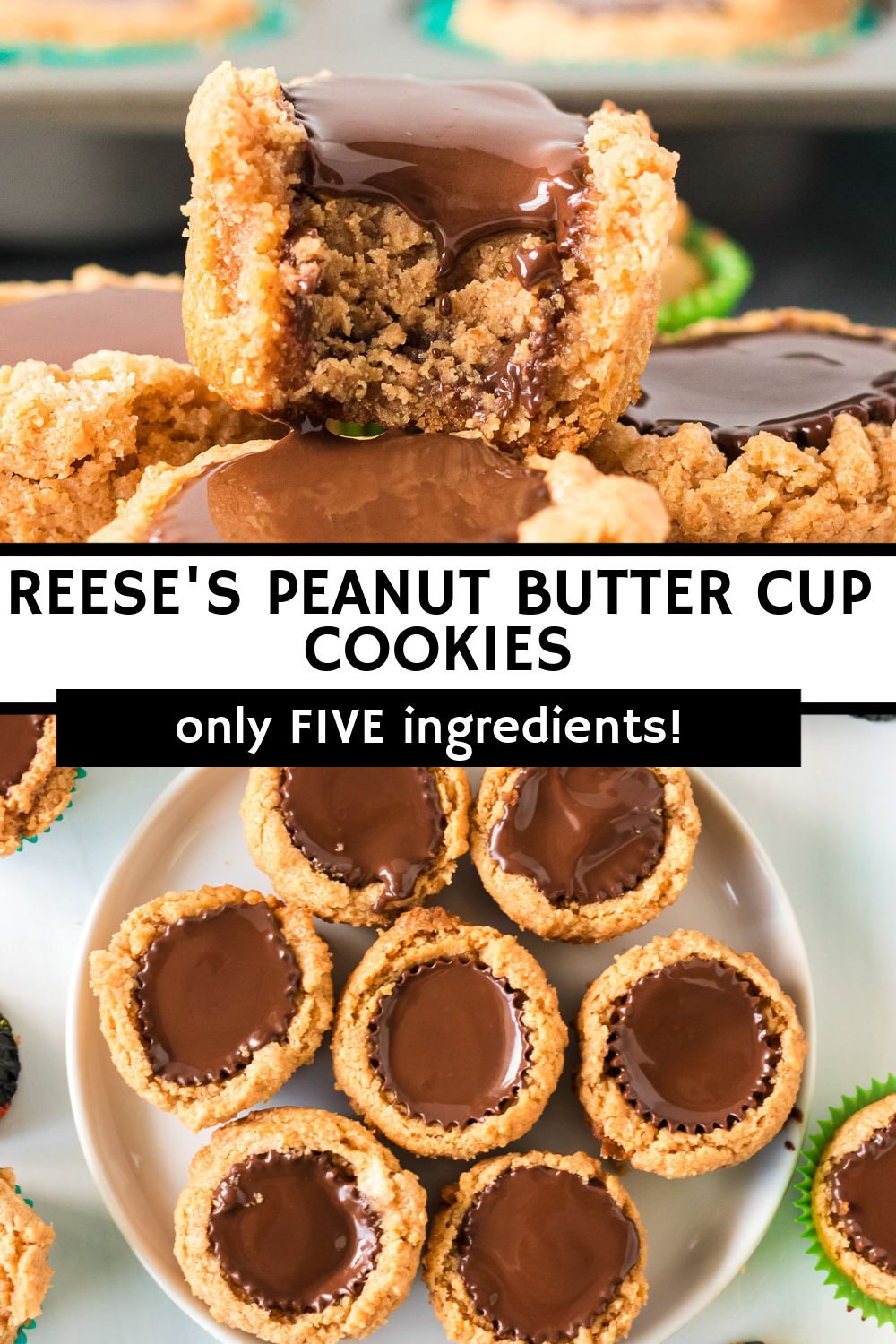 Only FIVE ingredients in these simple, from scratch, Peanut Butter Cup Cookies with a Reese's mini cup tucked inside. | www.persnicketyplates.com