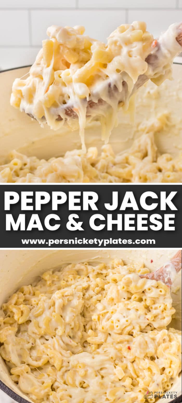 Stovetop Pepper Jack mac and cheese is easy-to-make comfort food that can be on your table in 20 minutes! Made with tender elbow macaroni smothered in a spicy cheese sauce made with 2 kinds of cheese, and all done in one pot for a creamy, cheesy, weeknight dinner or side dish with a kick! | www.persnicketyplates.com