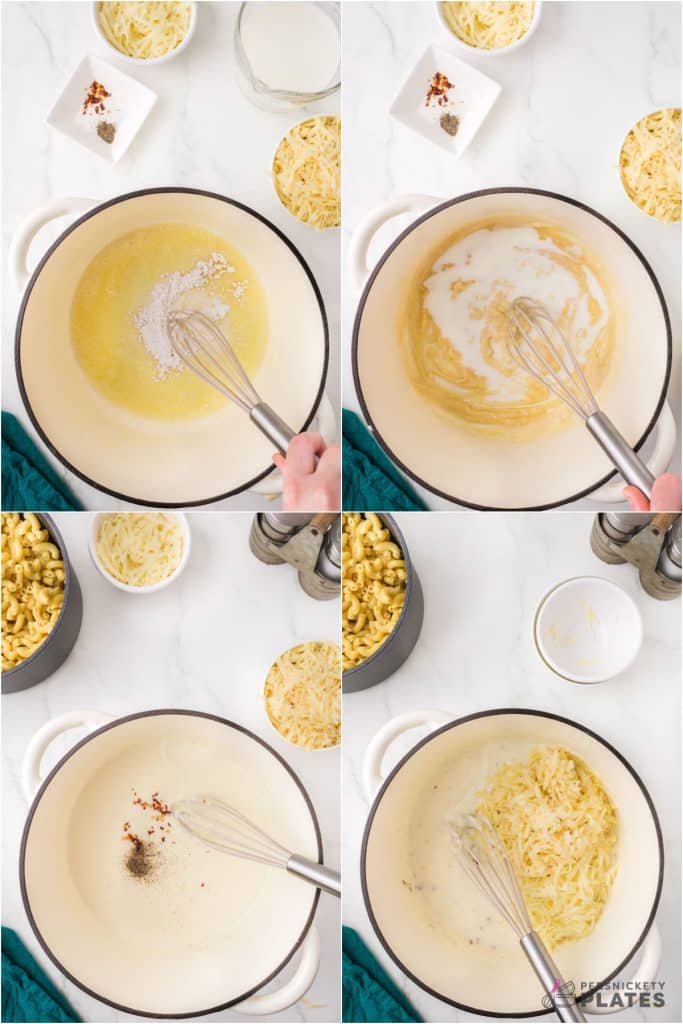 collage of 4 photos showing the process of making a roux.