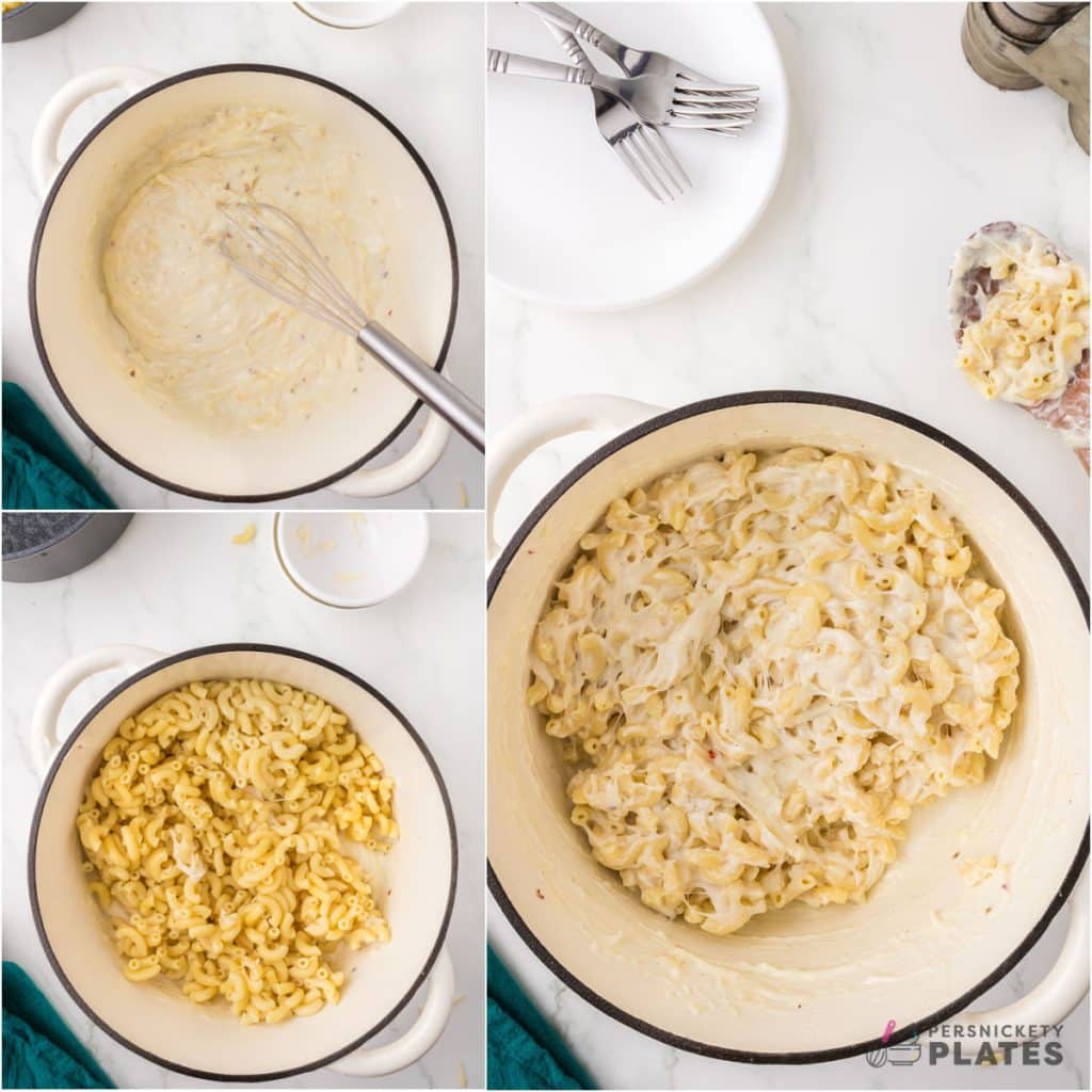 collage of 3 photos showing the process of add noodles to cheese sauce.