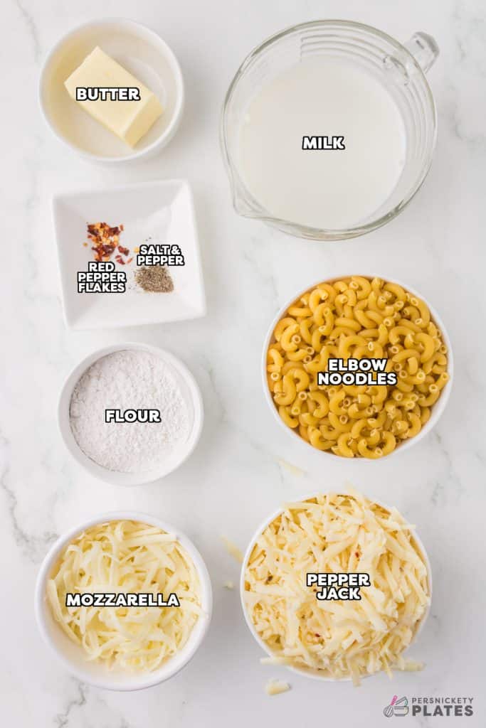 overhead shot of labeled ingredients laid out to make macaroni & cheese.