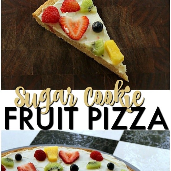 Sugar Cookie Fruit Pizza -a thin sugar cookie "crust" spread with a cream cheese "sauce" and topped with strawberries, raspberries, kiwi, blueberries, pineapple - whatever fruit you love! | www.persnicketyplates.com