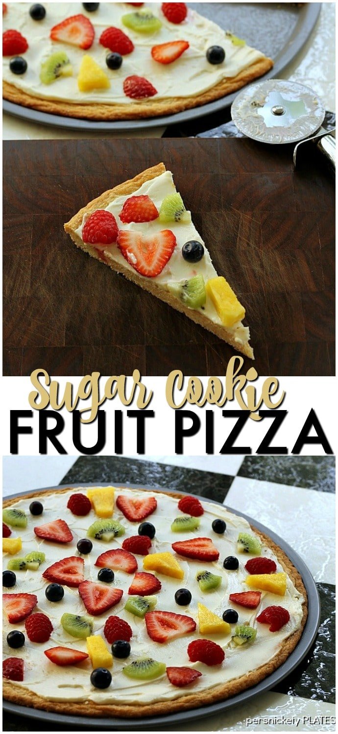 Sugar Cookie Fruit Pizza -a thin sugar cookie "crust" spread with a cream cheese "sauce" and topped with strawberries, raspberries, kiwi, blueberries, pineapple - whatever fruit you love! | www.persnicketyplates.com