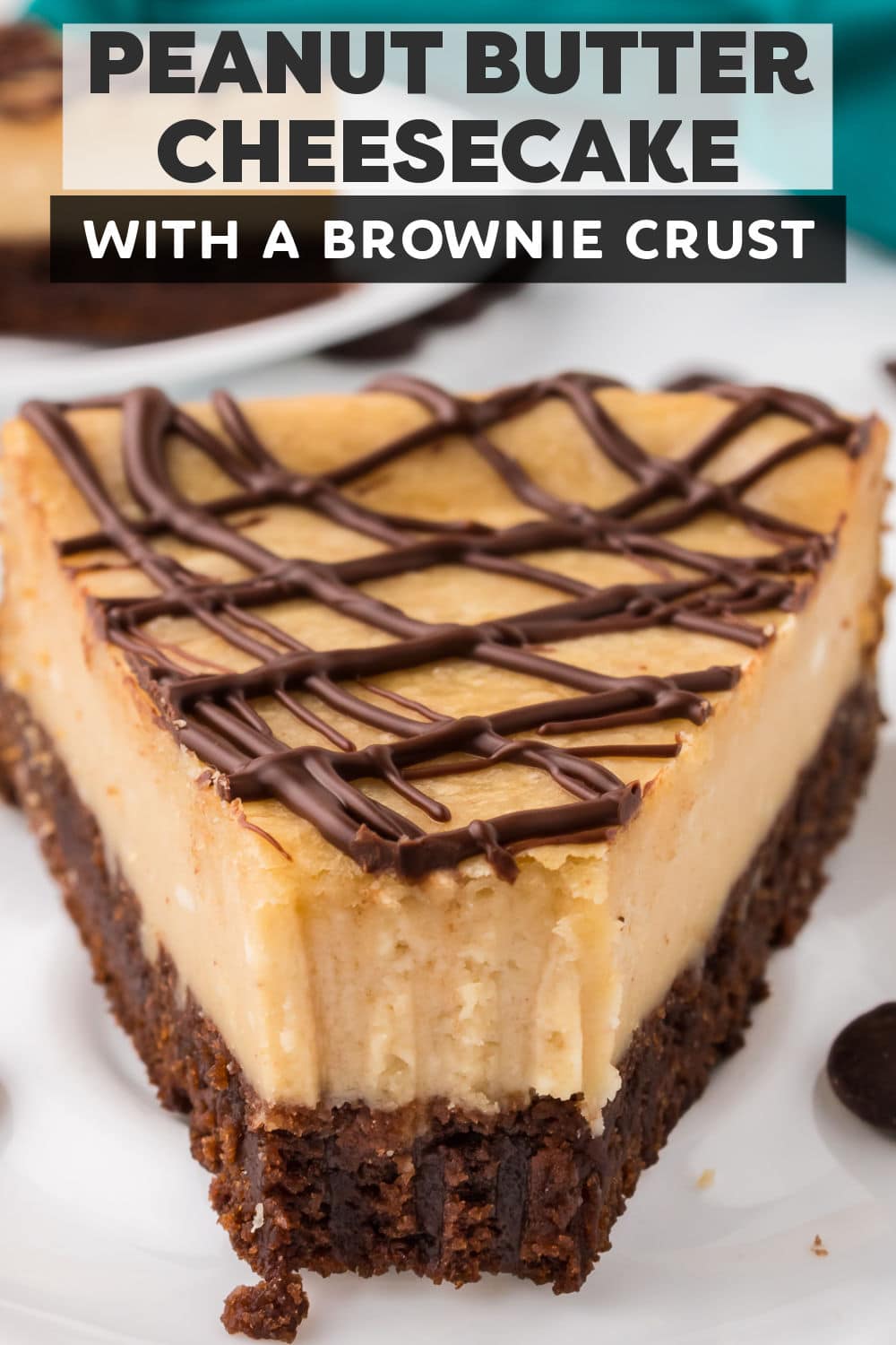 Brownie Bottom Peanut Butter Cheesecake has a chewy brownie layer topped with a creamy peanut butter cheesecake and drizzled with rich chocolate. The perfect sinful cheesecake for large gatherings or just because. | www.persnicketyplates.com