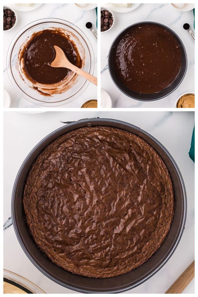 collage of 3 photos showing the process of making a brownie crust.