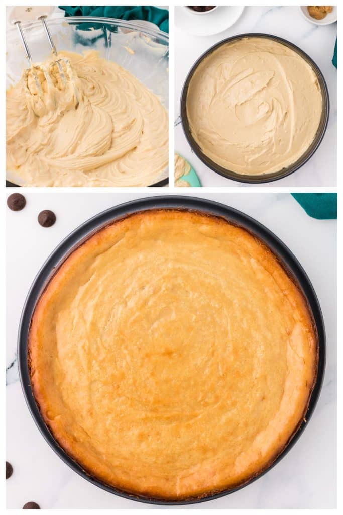 collage of 3 photos showing the process of making a cheesecake.