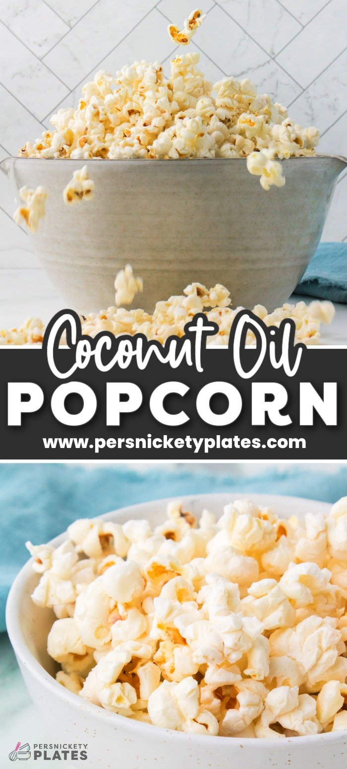 Healthy coconut oil popcorn makes the perfect snack! Full of buttery flavor without any of the butter. Made with just two ingredients and then topped with your favorite seasonings. | www.persnicketyplates.com