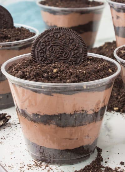 clear cup of layered chocolate pudding & oreo crumbs to look like dirt.