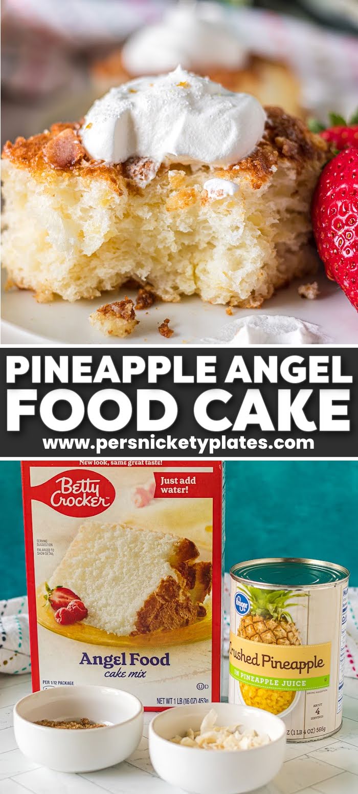 This easy Pineapple Angel Food Cake is made with just two ingredients, one bowl and one spoon. This fluffy and delicious cake is topped with toasted coconut, a little bit of brown sugar, and is perfect with a dollop of whipped cream. | www.persnicketyplates.com