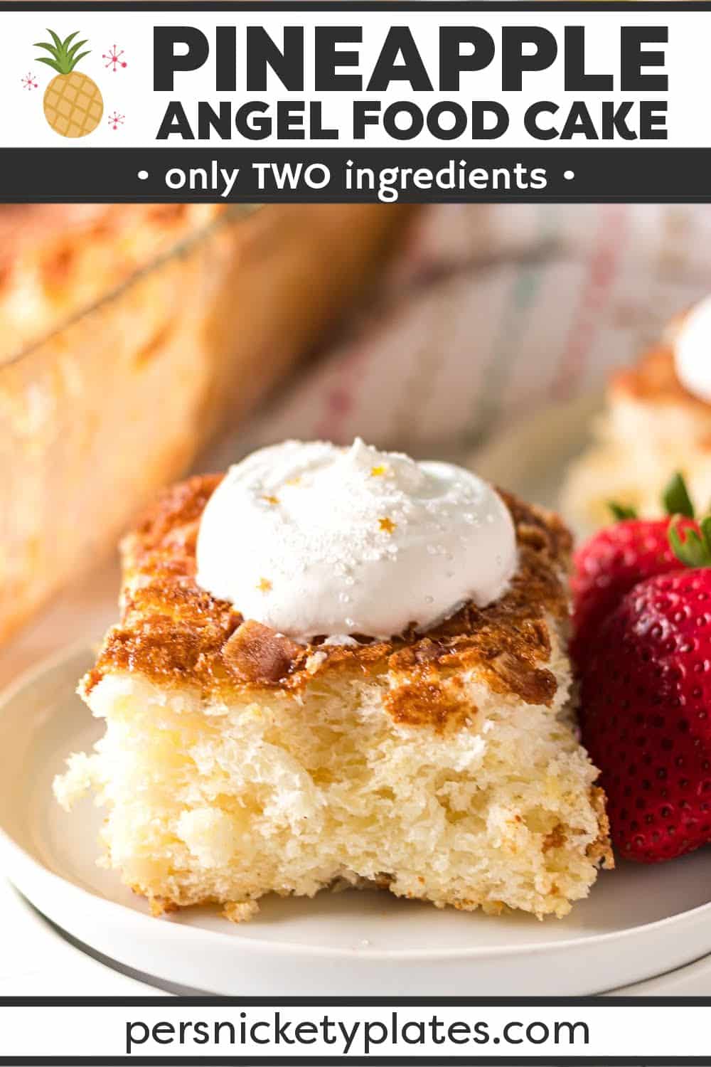 This easy Pineapple Angel Food Cake is made with just two ingredients, one bowl and one spoon. This fluffy and delicious cake is topped with toasted coconut, a little bit of brown sugar, and is perfect with a dollop of whipped cream. | www.persnicketyplates.com