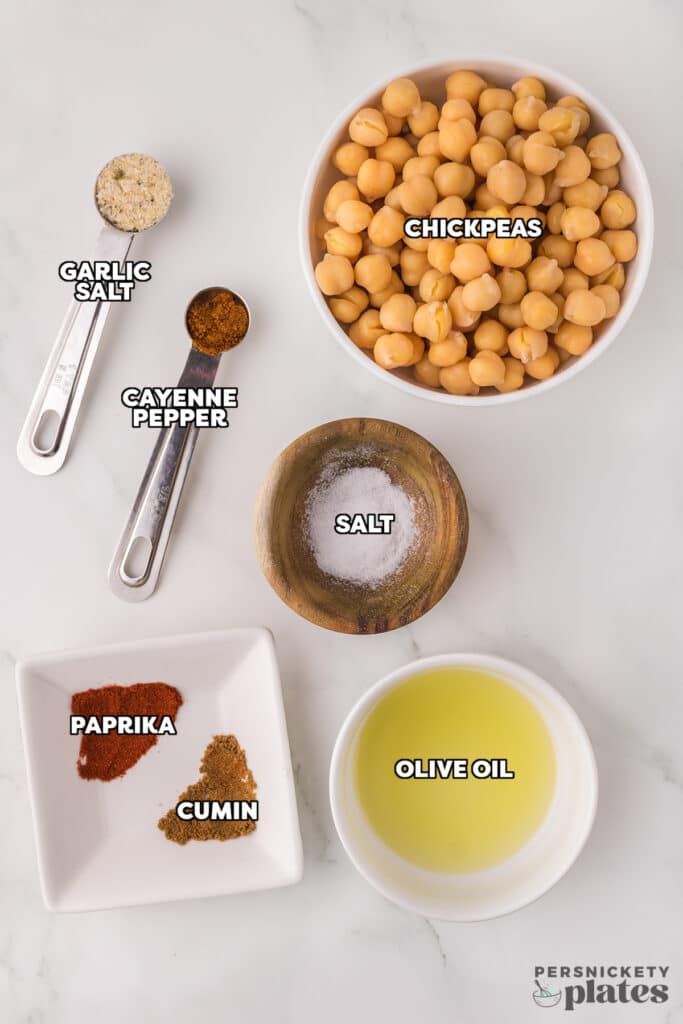 overhead shot of labeled ingredients laid out to make crispy seasoned chickpeas.