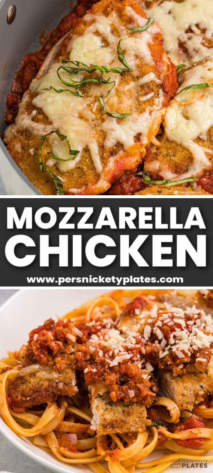 The aroma of this easy mozzarella chicken skillet is enough to have your whole family drooling! Crispy breaded chicken submerged in a rich homemade tomato sauce then smothered in melted mozzarella. This simple weeknight recipe is surprisingly easy to make using simple kitchen staples and is ready to serve with fettuccine in under 1 hour! | www.persnicketyplates.com