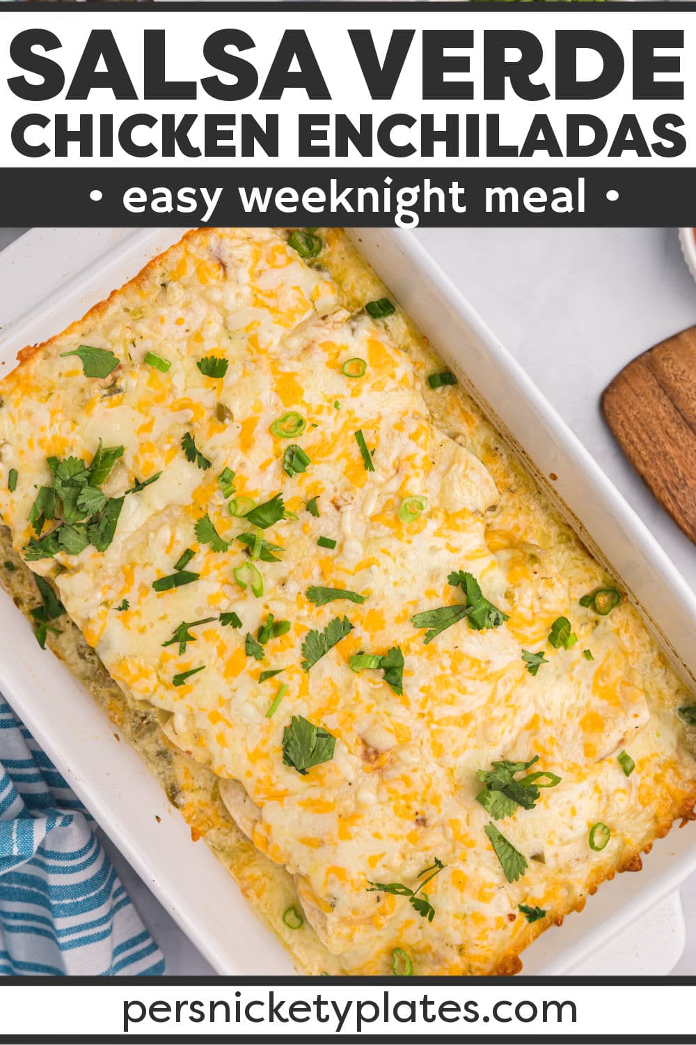 Fresh and flavorful salsa verde chicken enchiladas are made with tortillas stuffed with a creamy and vibrant salsa verde sauce, tender shredded chicken and shredded cheese then baked with even more melty cheese on top. It’s the perfect easy dinner idea that can be made ahead and popped in the oven any night of the week!