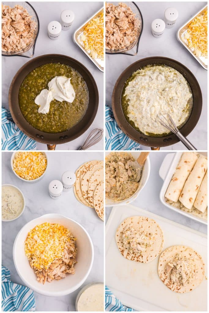 collage of 4 photos showing the process of making verde chicken enchiladas.