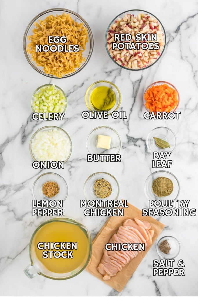 overhead shot of labeled ingredients laid out to make chicken noodle soup