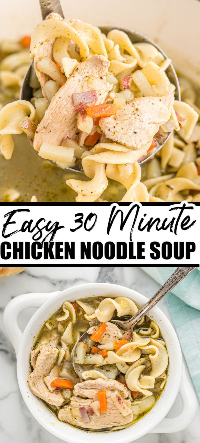 This quick chicken noodle soup is comforting and delicious but only takes 30 minutes to make. Filled with egg noodles, chicken, and vegetables, this easy homemade soup will be on the table in no time.  | www.persnicketyplates.com