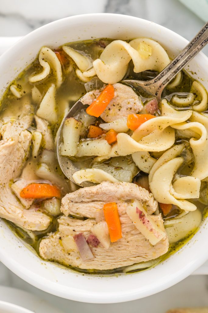closeup of bowl of homemade chicken noodle soup