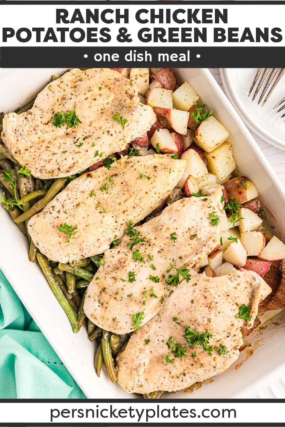 Juicy chicken breasts, tender seasoned potatoes, and crisp green beans are cooked together in one dish for a simple, wholesome, and easy weeknight dinner the whole family will love. This one dish ranch chicken veggie bake is comfort food that requires little prep and less clean-up making one-dish recipes like this one a huge hit! | www.persnicketyplates.com
