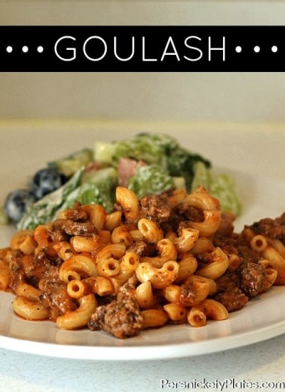 Goulash - cavatappi pasta filled with pasta sauce, ground beef, and cheese in this comforting & quick dish | Persnickety Plates