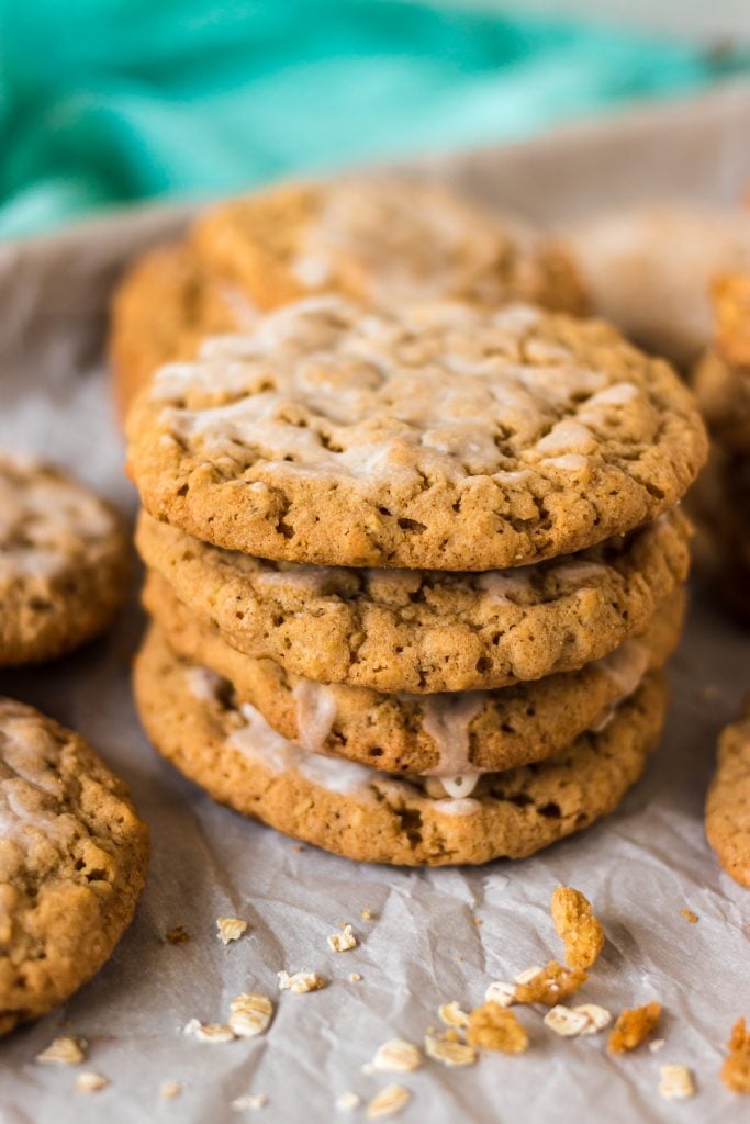 stack of iced oatmeal cookies
