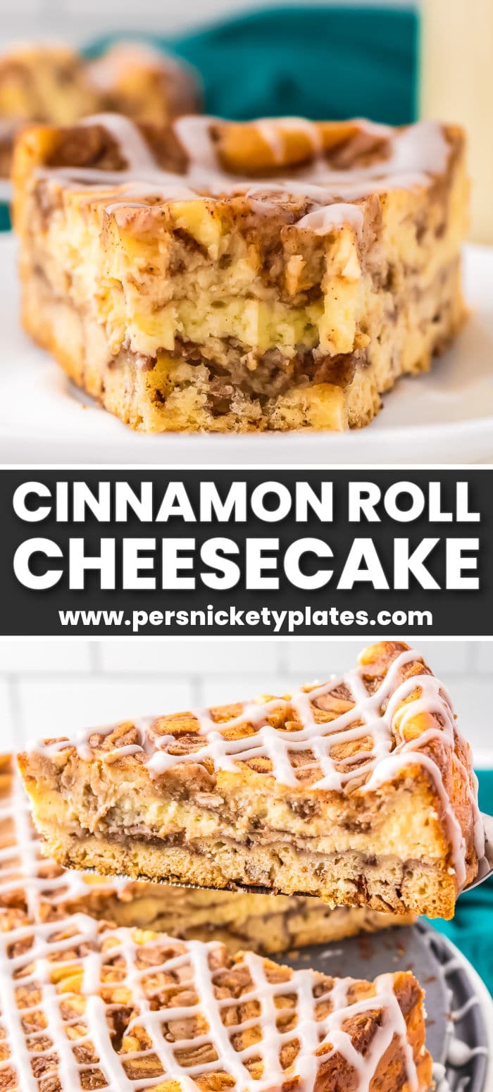 What happens when you combine cinnamon rolls with cheesecake? Your new favorite cheesecake recipe is born! Classic cheesecake swirled with a cinnamon filling on top of a cinnamon roll base and finished off with a cream cheese icing make for the ultimate Cinnamon Roll Cheesecake. | www.persnicketyplates.com