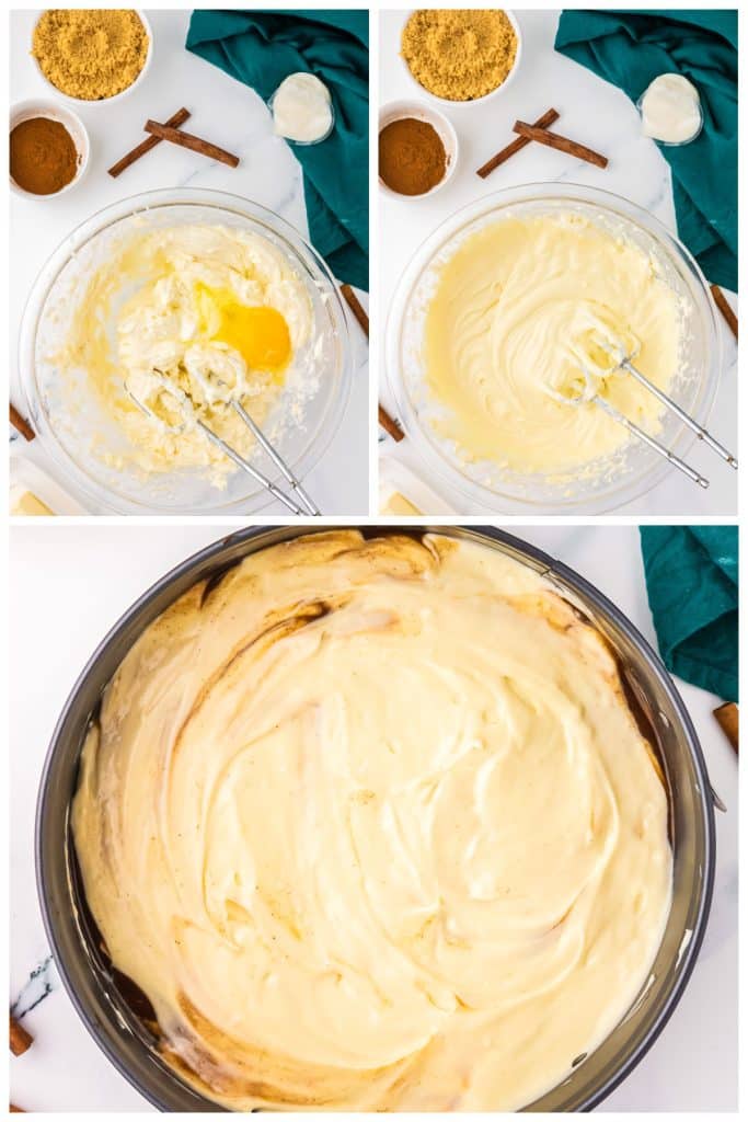 collage of 3 photos showing the process of making a cheesecake.