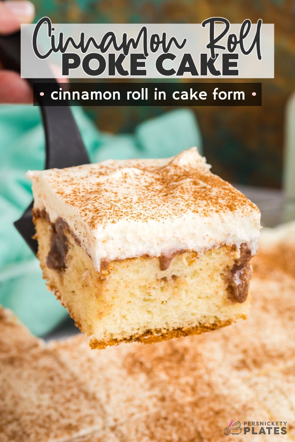 This easy cinnamon roll poke cake is made with a fluffy vanilla cake which gets poked and filled with rich and creamy cinnamon and brown sugar filling, then topped with a homemade cream cheese frosting. This ultra-rich cinnamon poke cake is the perfect way to recreate cinnamon roll flavors in the form of an easy sheet cake! | www.persnicketyplates.com