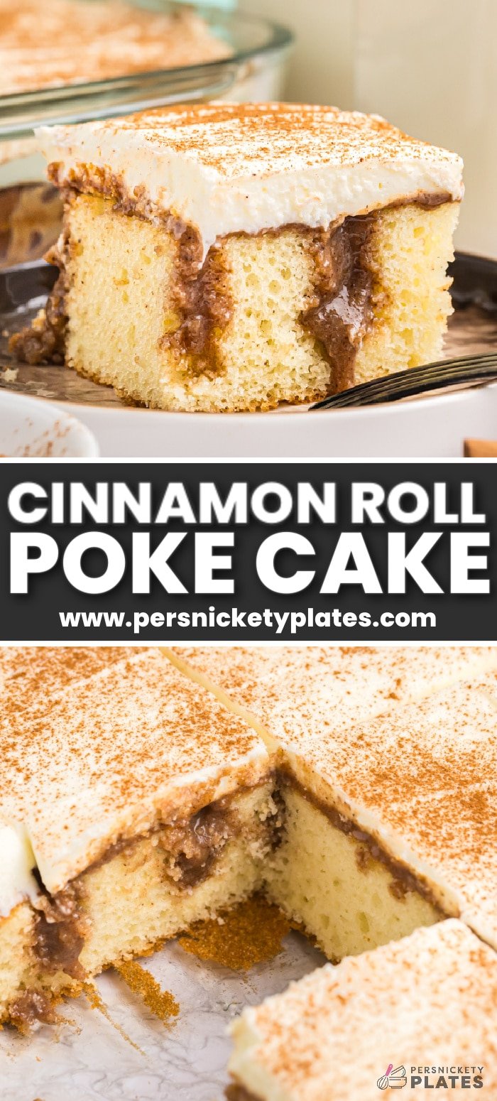 This easy cinnamon roll poke cake is made with a fluffy vanilla cake which gets poked and filled with rich and creamy cinnamon and brown sugar filling, then topped with a homemade cream cheese frosting. This ultra-rich cinnamon poke cake is the perfect way to recreate cinnamon roll flavors in the form of an easy sheet cake! | www.persnicketyplates.com