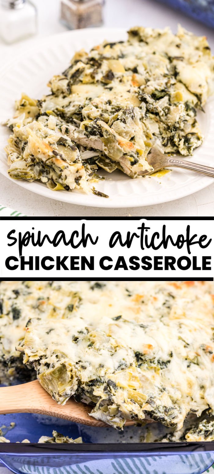 This cheesy spinach artichoke chicken casserole is packed with flavor, uses three kinds of gooey cheeses, fresh spinach, decedent artichoke hearts, tangy greek yogurt, and chicken.  | www.persnicketyplates.com
