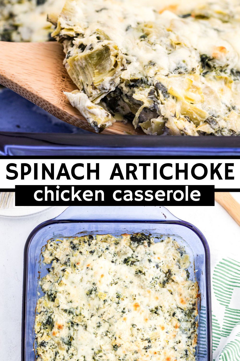 This cheesy spinach artichoke chicken casserole is packed with flavor, uses three kinds of gooey cheeses, fresh spinach, decedent artichoke hearts, tangy greek yogurt, and chicken.  | www.persnicketyplates.com