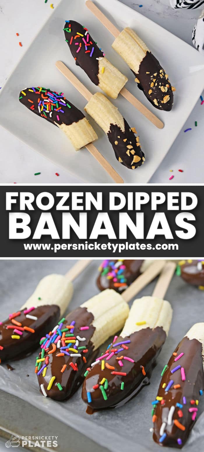 Frozen chocolate dipped bananas are as easy to make as they are to eat! Take ripe sweet bananas coat them in melted chocolate and add your favorite toppings. Allow them to freeze and set for a tasty frozen treat both kids and adults love!  | www.persnicketyplates.com