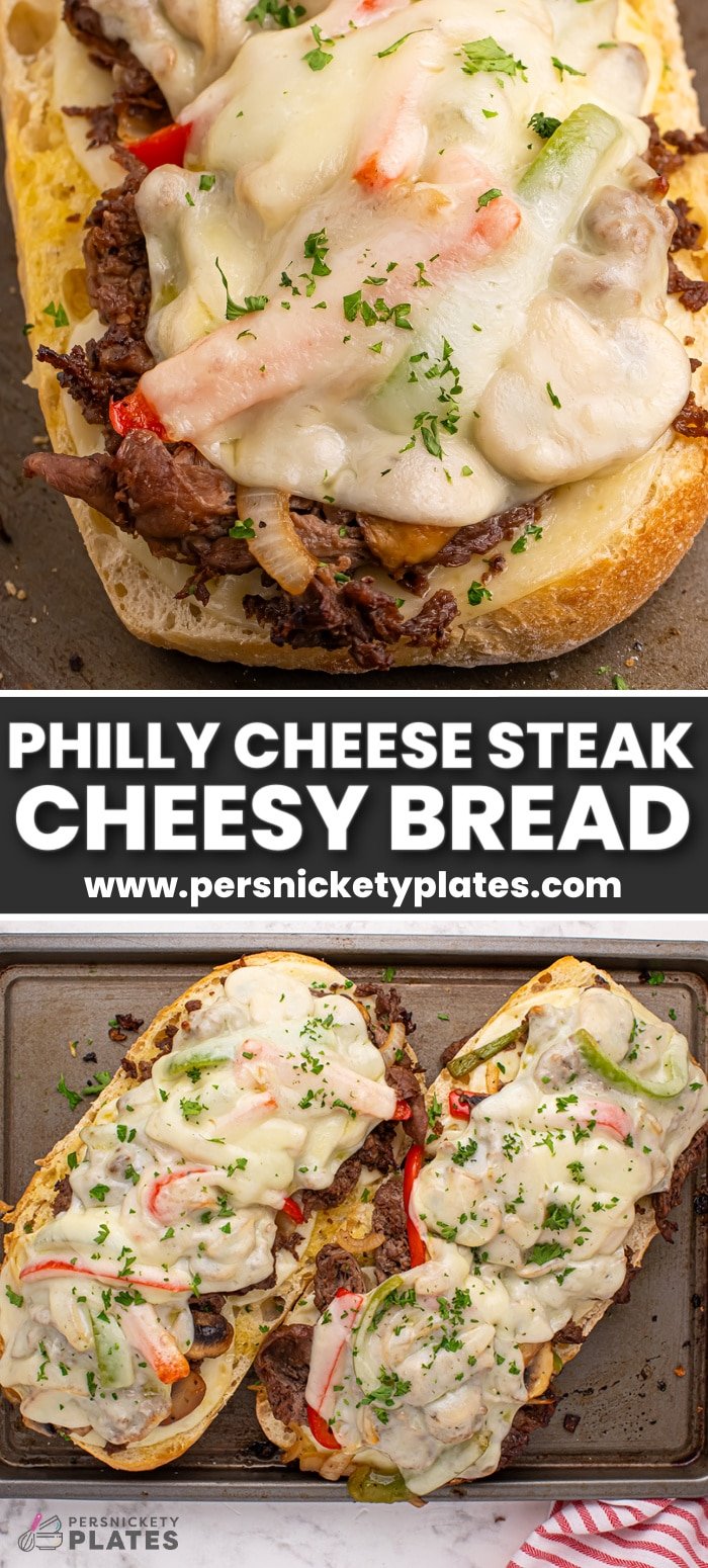 Everything you love about a Philly cheesesteak sandwich in crunchy, cheesy bread form! Steak, peppers, onions, and mushrooms are piled onto this comforting Philly Cheesesteak Bread. | www.persnicketyplates.com