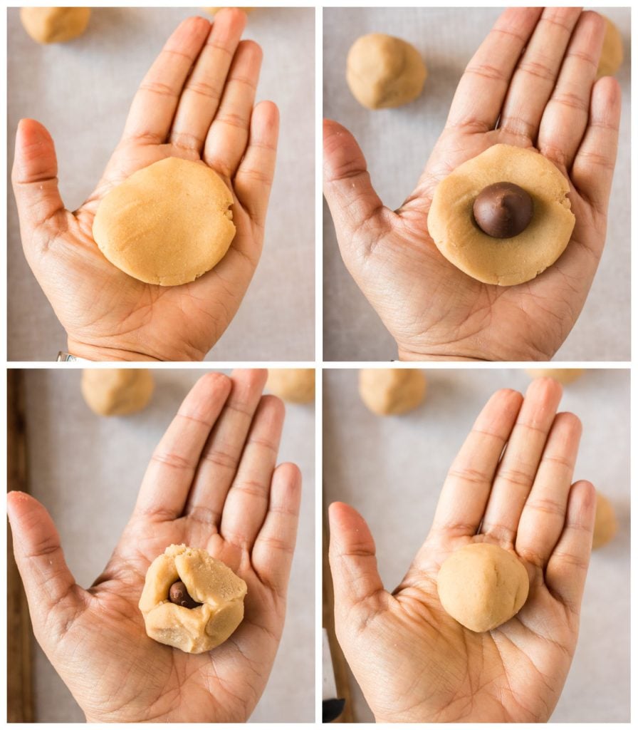 collage of 4 photos showing a hand wrapping a hershey's kiss in cookie dough