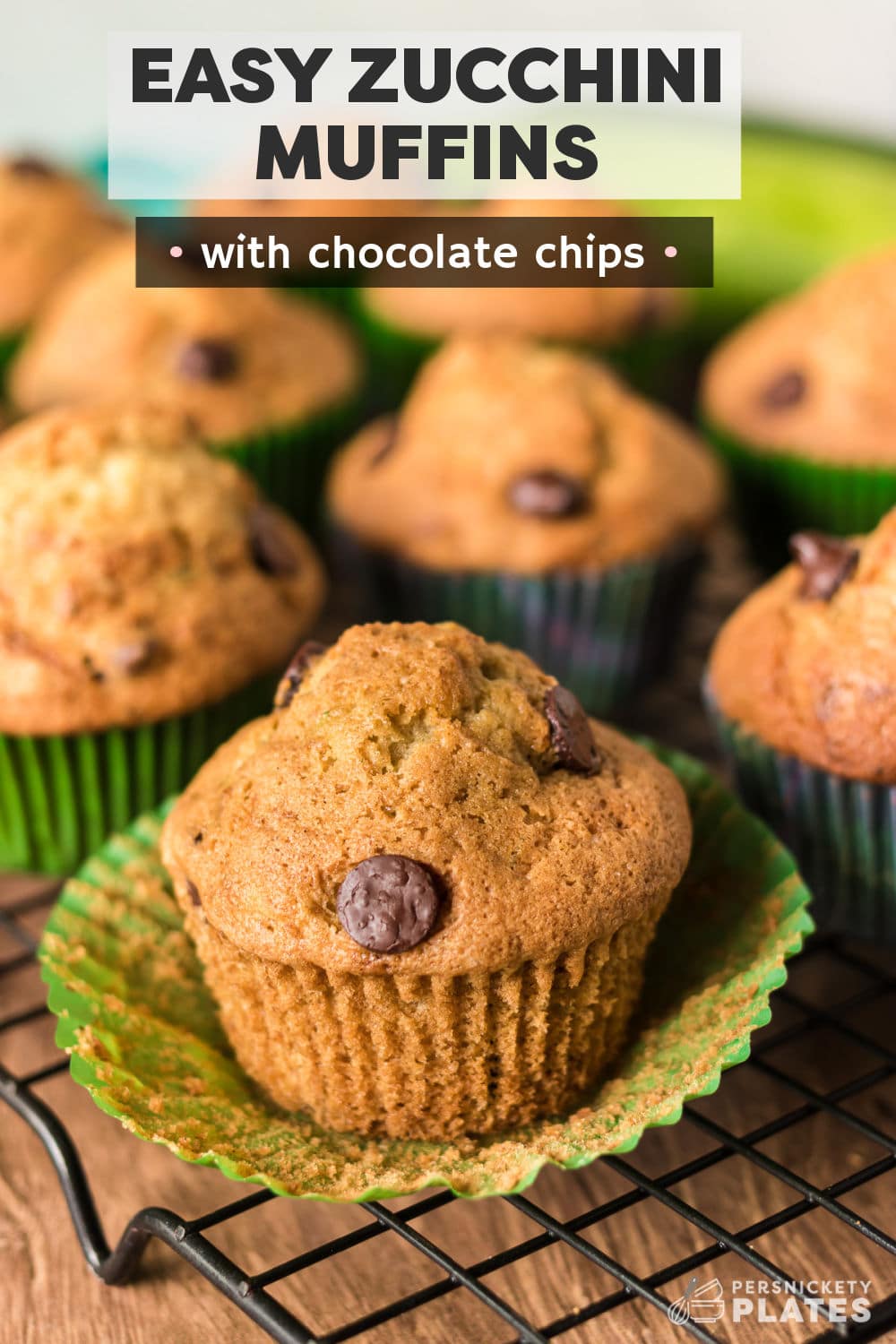 Chocolate Chip Zucchini Muffins are soft, moist, and loaded with chocolate chips! They're baked and ready to eat in just under 40 minutes and they're ridiculously easy to make. Using simple baking staples, fresh zucchini, and melty chocolate chips these tasty muffins are going to become your new favorite snack! | www.persnicketyplates.com